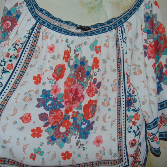 Forever 21 Shirt Mixed Floral Flutter Sleeve Boho Smocked Off Shoulder Blouse M - Picture 3 of 6